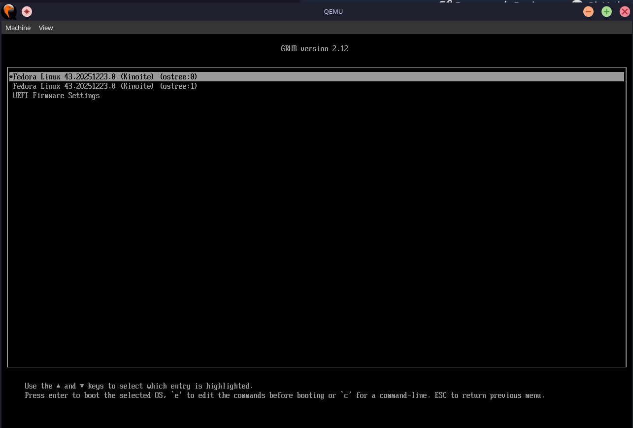 Grub showing two boot entries for two deployed commits